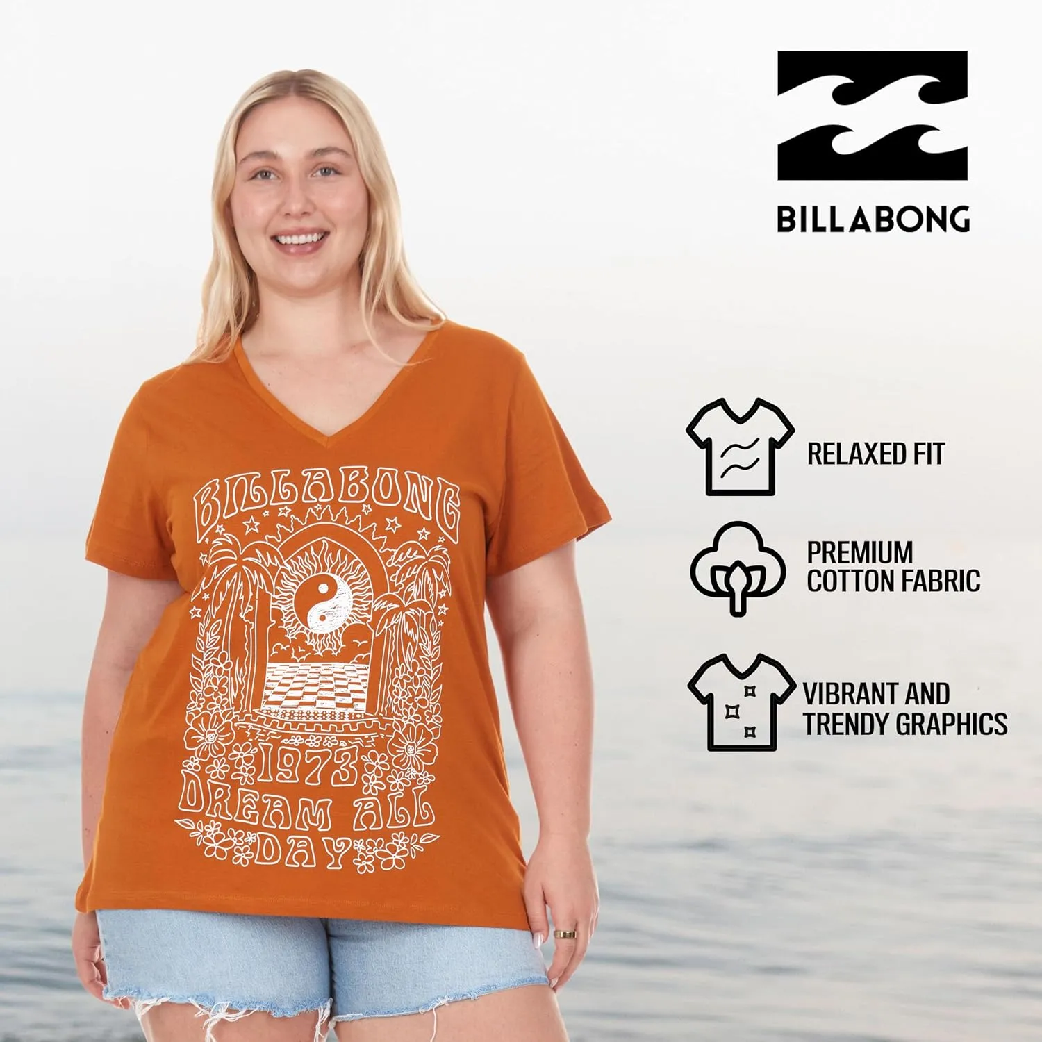 Billabong Plus Size T Shirts for Women - V Neck Oversized Womens Graphic Tees (XL-4X)