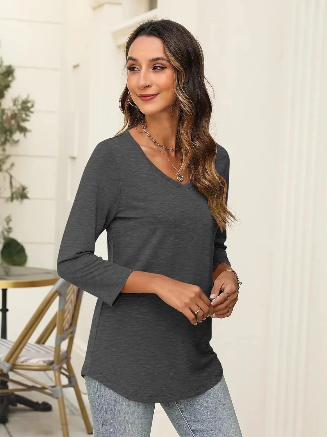 Minetom Women's V Neck 3/4 Sleeve T Shirt Solid/Color Block Casual Basic Tops Summer Tees