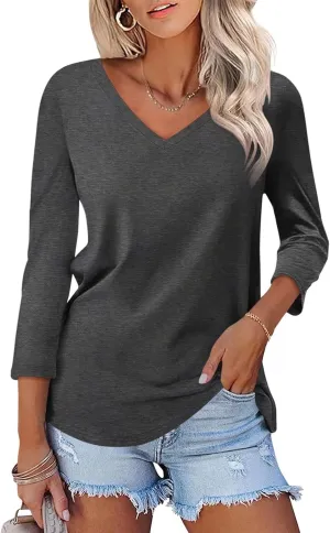 Minetom Women's V Neck 3/4 Sleeve T Shirt Solid/Color Block Casual Basic Tops Summer Tees