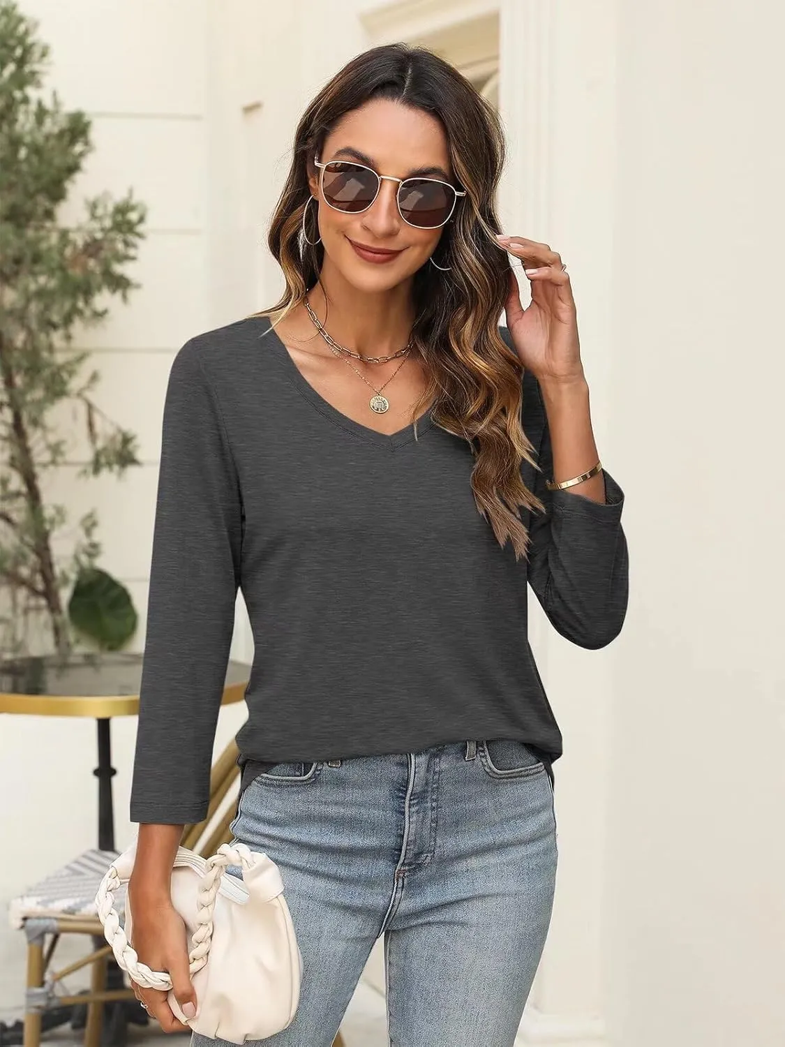 Minetom Women's V Neck 3/4 Sleeve T Shirt Solid/Color Block Casual Basic Tops Summer Tees