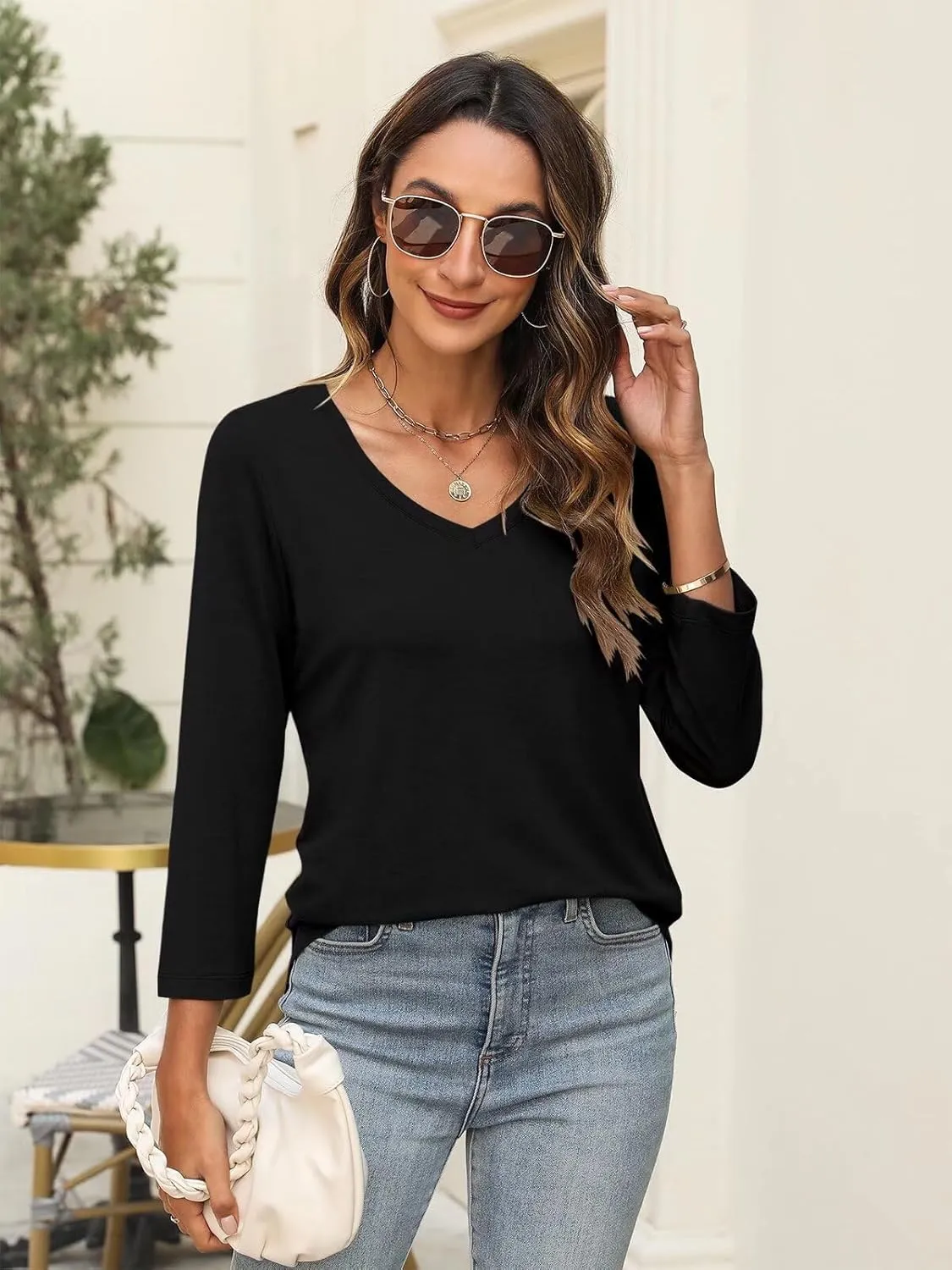 Minetom Women's V Neck 3/4 Sleeve T Shirt Solid/Color Block Casual Basic Tops Summer Tees