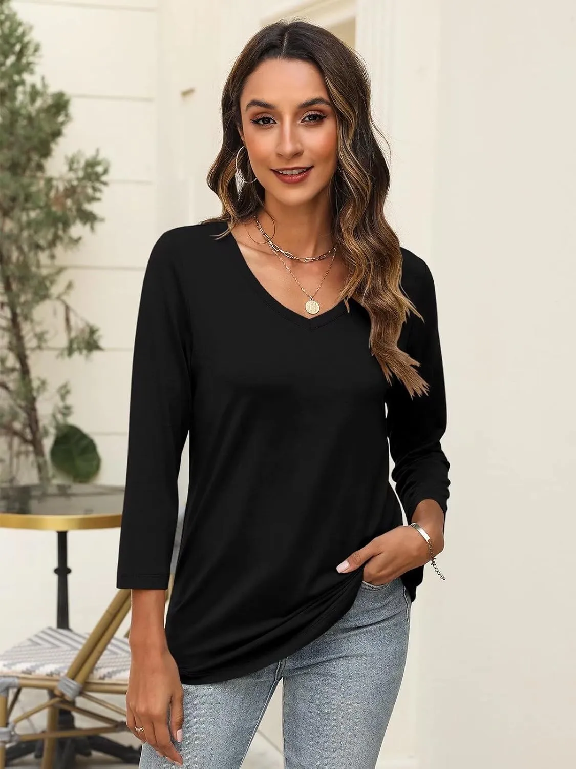 Minetom Women's V Neck 3/4 Sleeve T Shirt Solid/Color Block Casual Basic Tops Summer Tees