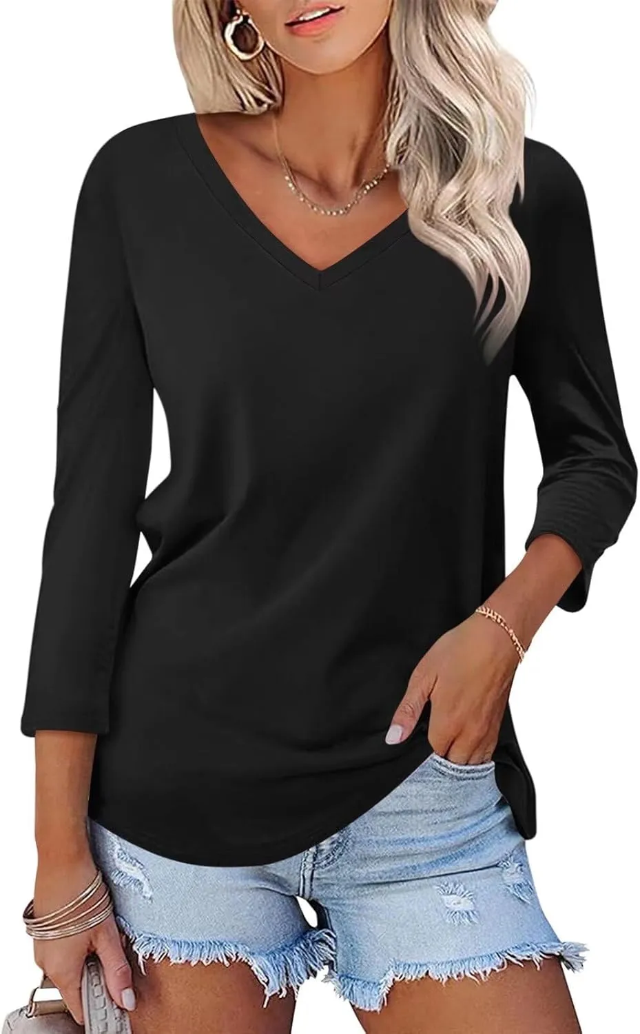 Minetom Women's V Neck 3/4 Sleeve T Shirt Solid/Color Block Casual Basic Tops Summer Tees