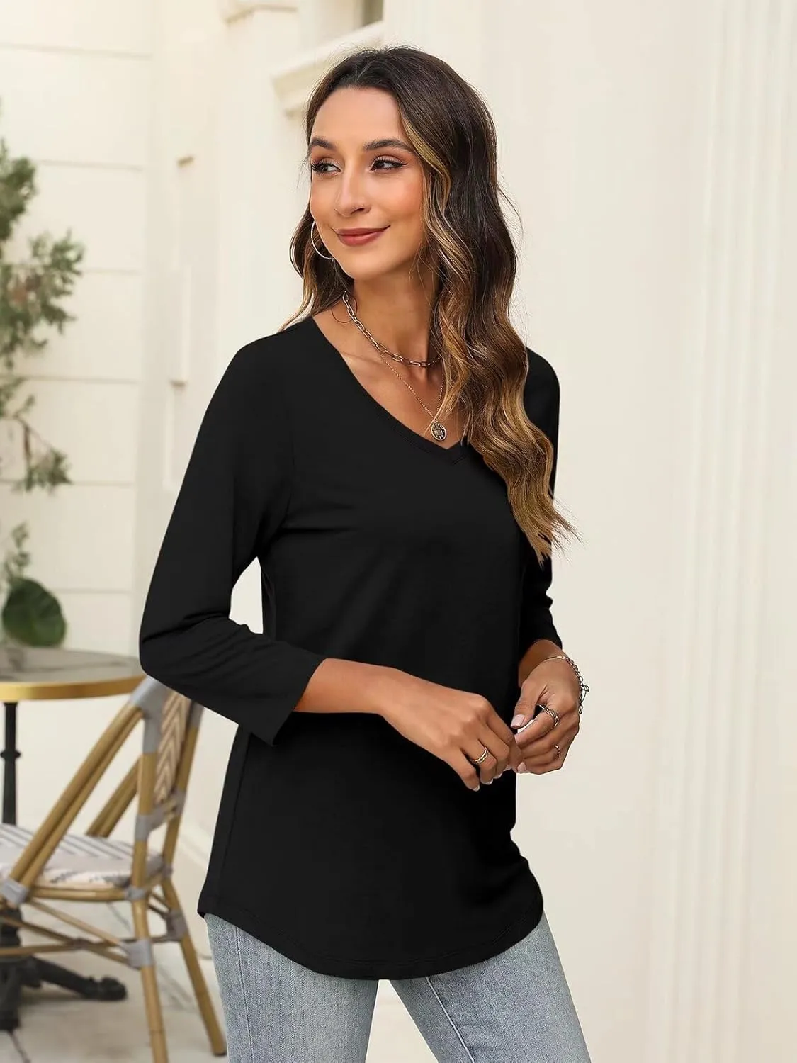 Minetom Women's V Neck 3/4 Sleeve T Shirt Solid/Color Block Casual Basic Tops Summer Tees