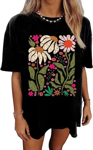 Oversized Tshirts for Women Flower Graphic Tees Cute Casual Crewneck Printed Shirts Funny Short Sleeve Tops